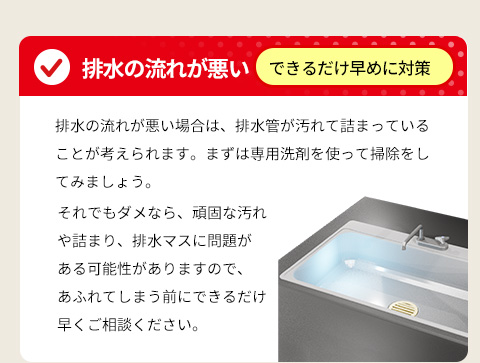 ● 排水の流れが悪い ⇒ できるだけ早めに対策・排水の流れが悪い場合は、排水管が汚れて詰まっていることが考えられます。まずは専用洗剤を使って掃除をしてみましょう。それでもダメなら、頑固な汚れや詰まり、排水マスに問題がある可能性がありますので、あふれてしまう前にできるだけ早くご相談ください。