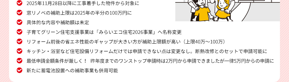 　●２０２５年１１月２８日以降に工事着手した物件から対象に　●窓リノベの補助上限は２０２５年の半分の１００万円に　●具体的な内容や補助額は未定　●子育てグリーン住宅支援事業は「みらいエコ住宅２０２６事業」へ名称変更　●リフォーム前後の省エネ性能のギャップが大きい方が補助上限額が高い（上限４０万～１００万）　●キッチン・浴室など住宅設備リフォームだけでは申請できない点は変更なし。断熱改修とのセットで申請可能に　●最低申請金額条件が厳しく！：昨年度までのワンストップ申請時は２万円から申請できましたが一律５万円からの申請に　●新たに蓄電池設置への補助事業も併用可能