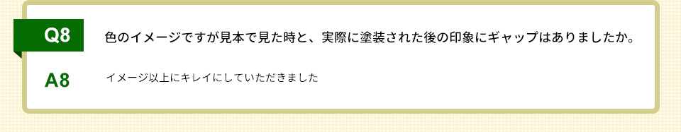 Q8）色のイメージですが見本で見た時と、実際に塗装された後の印象にギャップはありましたか