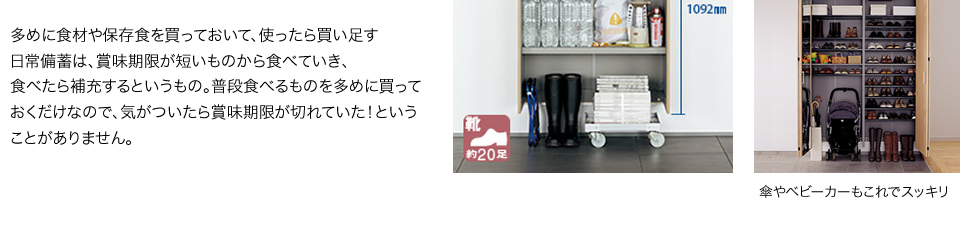 多めに食材や保存食を買っておいて、使ったら買い足す「日常備蓄」は、賞味期限が短いものから食べていき、食べたら補充するというもの。普段食べるものを多めに買っておくだけなので、気がついたら賞味期限が切れていた！ということがありません。