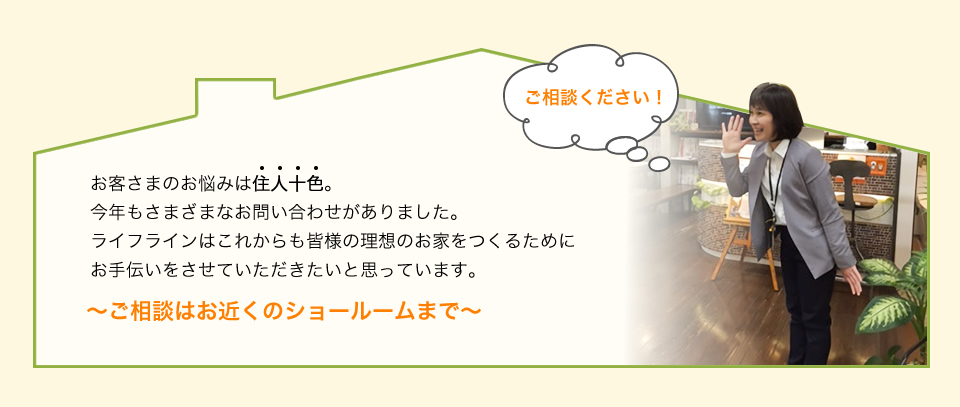 お客さまのお悩みは住人十色。今年もさまざまなお問い合わせがありました。ライフラインはこれからも皆様の理想のお家をつくるためにお手伝いをさせていただきたいと思っています。
～ご相談はお近くのショールームまで～