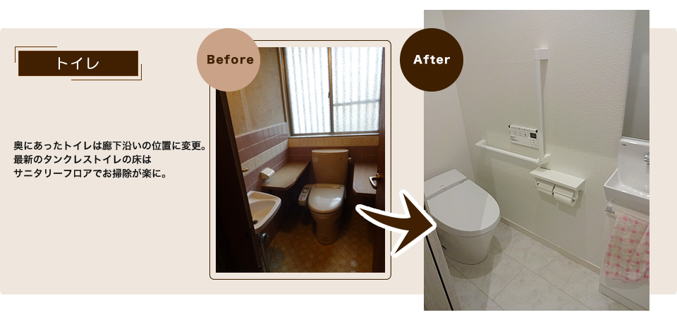 トイレ｜奥にあったトイレは廊下沿いの位置に変更。最新のタンクレストイレの床は、サニタリーフロアでお掃除が楽に。