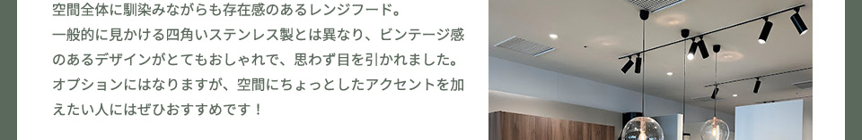 空間全体に馴染みながらも存在感のあるレンジフード。一般的に見かける四角いステンレス製とは異なり、ビンテージ感のあるデザインがとてもおしゃれで、思わず目を引かれました。オプションにはなりますが、空間にちょっとしたアクセントを加えたい人にはぜひおすすめです！