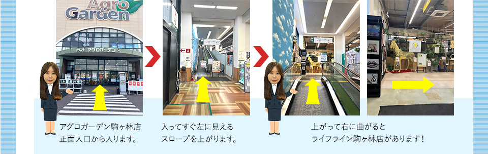 アグロガーデン駒ヶ林店正面入口から入ります。入ってすぐ左に見えるスロープを上がります。上がって右に曲がるとライフライン駒ヶ林店があります！
