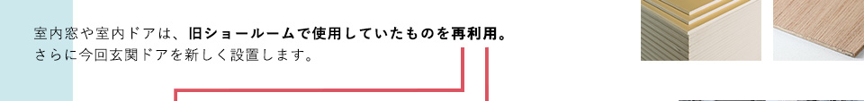 室内窓や室内ドアは、旧ショールームで使用していたものを再利用。さらに今回玄関ドアを新しく設置します。