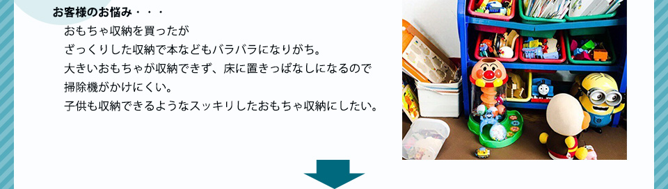 お客様のお悩み・・・おもちゃ収納を買ったがざっくりした収納で本とかもバラバラになりがち。大きいおもちゃが収納できず、床に置きっぱなしになるので掃除機がかけにくい。子供も収納できるようなスッキリしたおもちゃ収納にしたい。