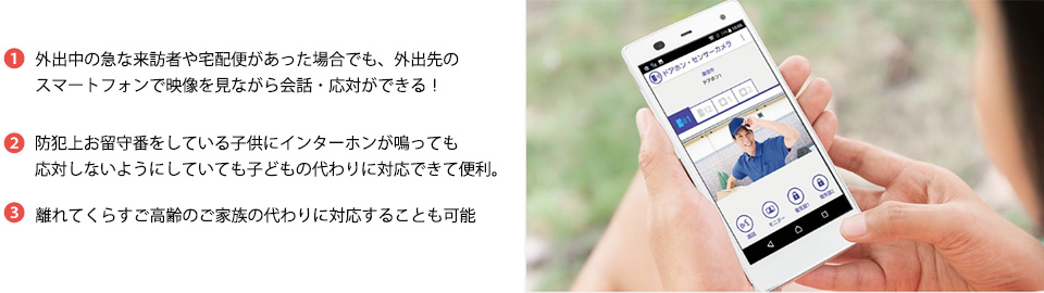 1 外出中の急な来訪者や宅配便があった場合でも、外出先のスマートフォンで映像を見ながら会話・応対ができる！2 防犯上お留守番をしている子供にインターホンが鳴っても応対しないようにしていても子どもの代わりに対応できて便利。3 離れてくらすご高齢のご家族の代わりに対応することも可能
