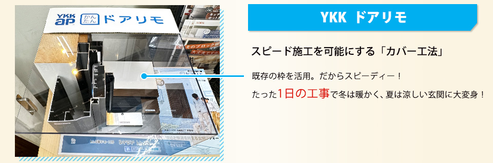 スピード施工を可能にする「カバー工法」既存の枠を活用。だからスピーディー！たった1日の工事で冬は暖かく、夏は涼しい玄関に大変身！